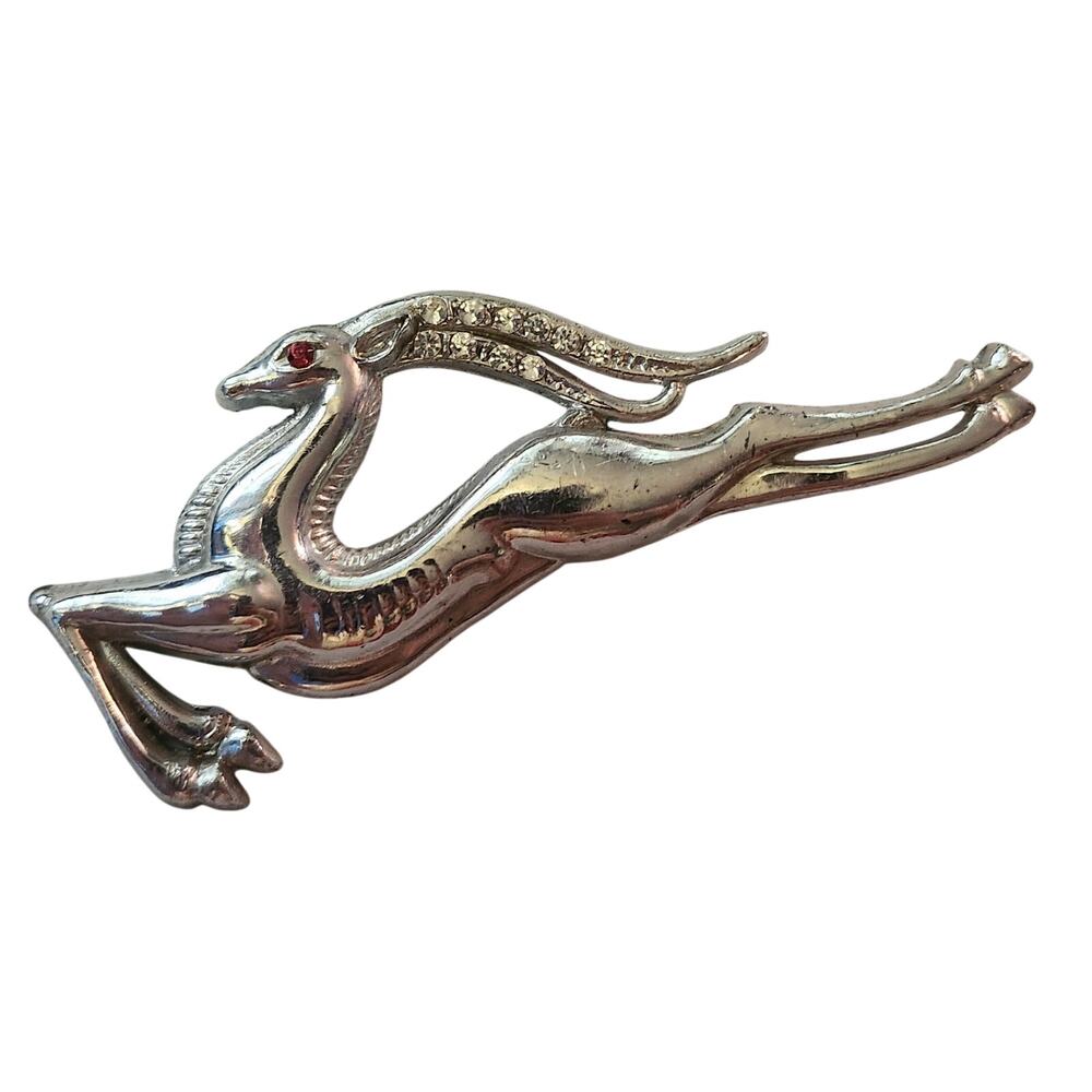 Vintage  1950s Large Leaping Gazelle Rhodium Brooch with Rhinestone Accents